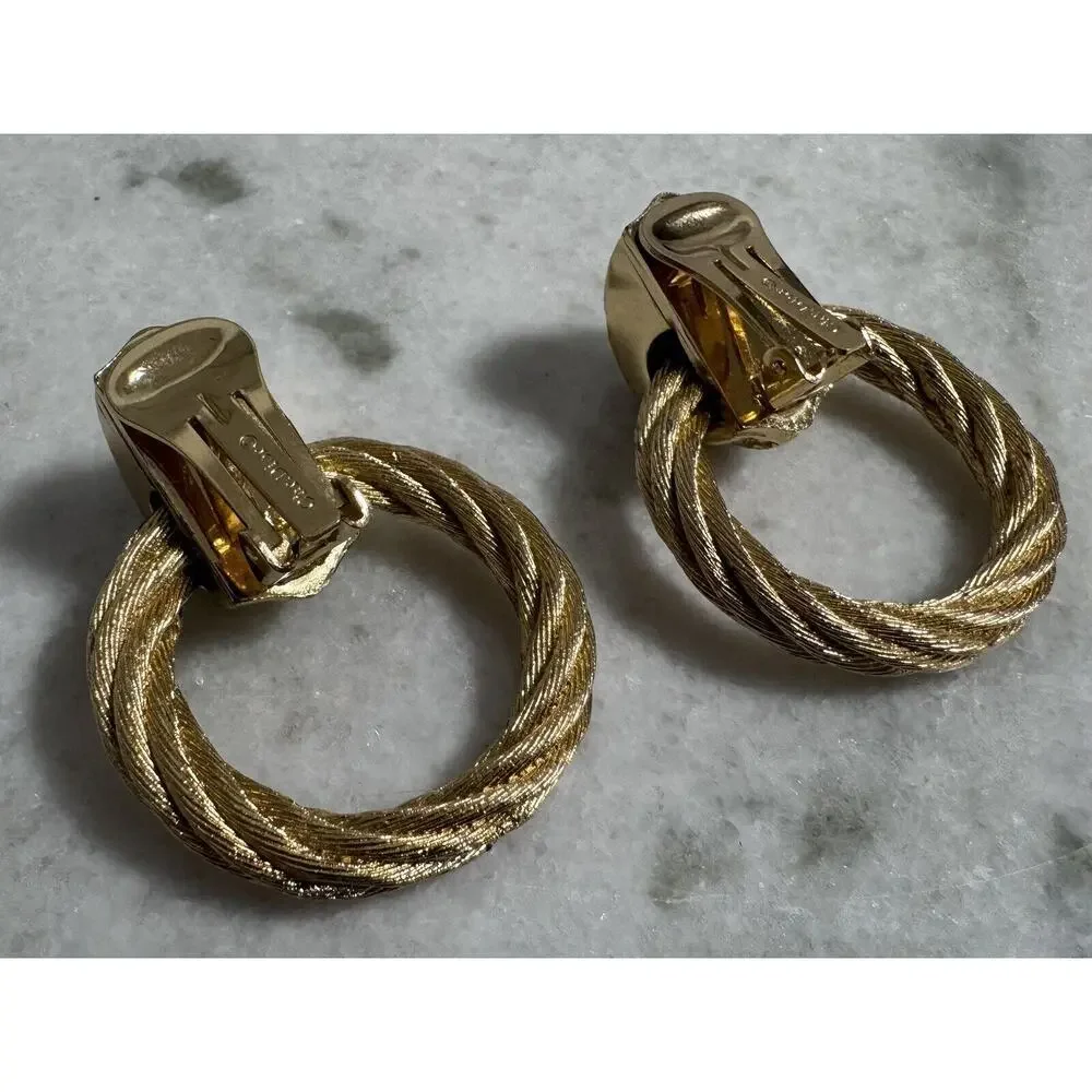 Vintage Auth Christian Dior Chunky Gold Tone Rhinestone Door knocker Earrings